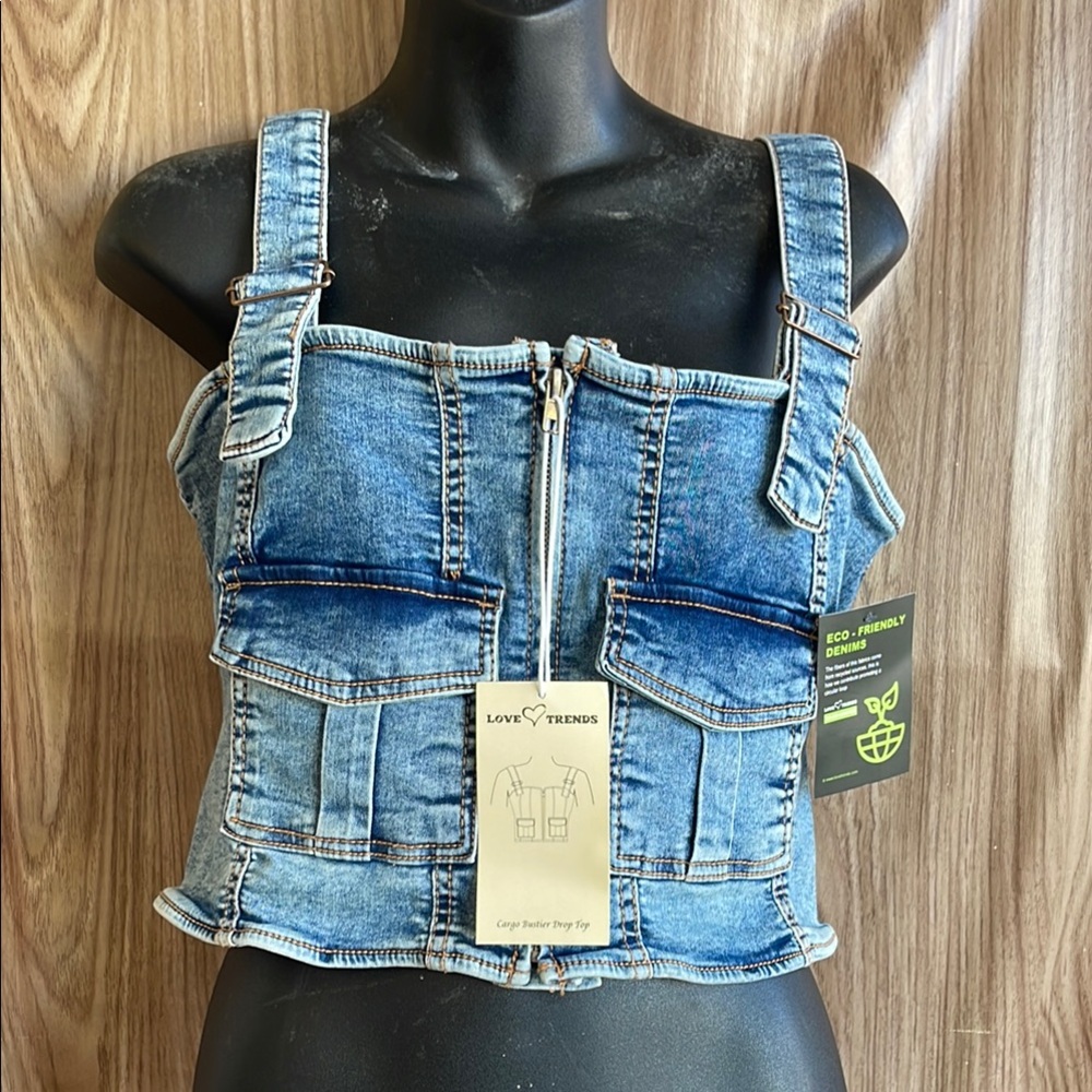 NWT Love Trends size S Denim Top Womens  Corset Zip Cargo Grunge Bustier Y2K